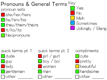 Terms & Pronouns Sheet 