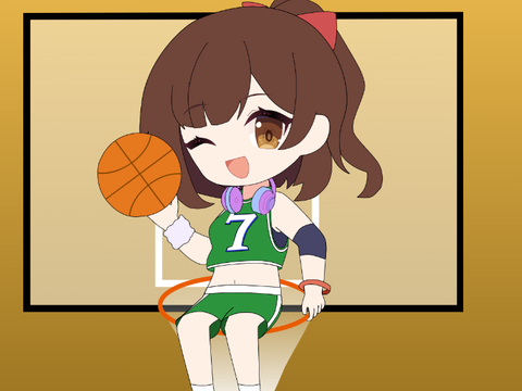 バスケのリングに座るあやね