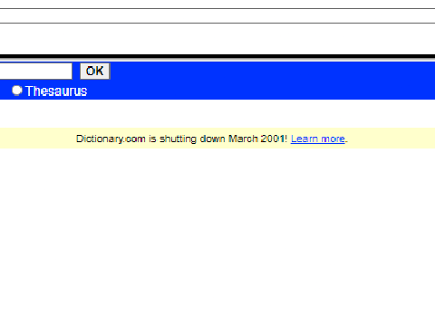 Dictionary.com closure warning (Feb 2001)