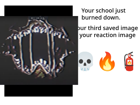 Your school just burned down and your third saved image is your reaction remix