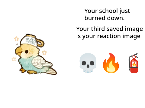 Your school just burned down and your third saved image is your reaction remix