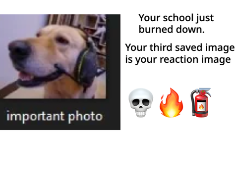 Your school just burned down and your third saved image is your reaction remix
