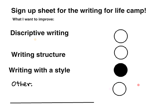 Sign up sheet for writing for life camp! remix