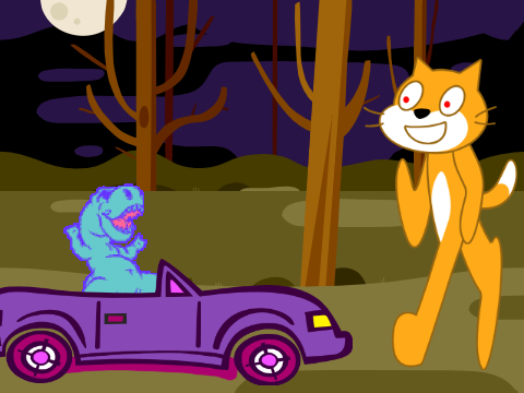 pov: you're a dinosaur in a purple convertible and a cat in the woods wants to steal your car