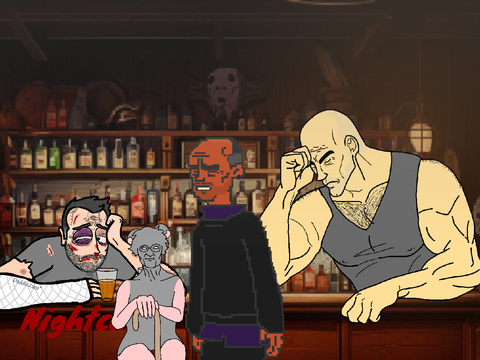 Add your character alone in a restaurant, twenty years from now. remix remix
