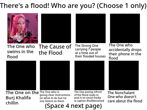 There's a flood! Who are you? (Choose 1 only)