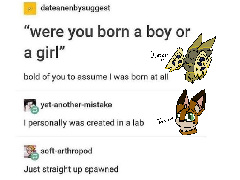 "were you born a boy or a girl" Tumblr thread/meme remix
