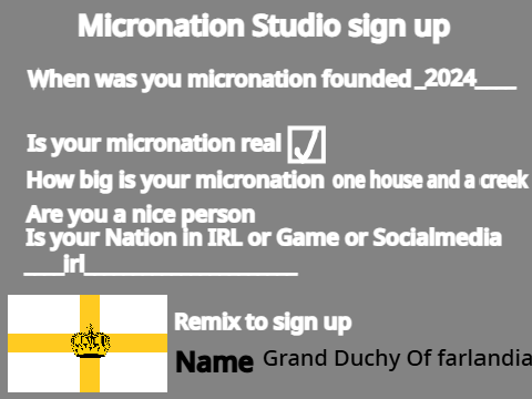Micronation Studio sign up for the grand duchy of farlandia