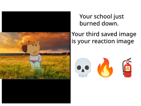 Your school just burned down and your third saved image is your reaction remix
