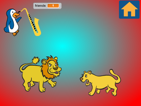 Lion friends with a penguin and a saxaphone