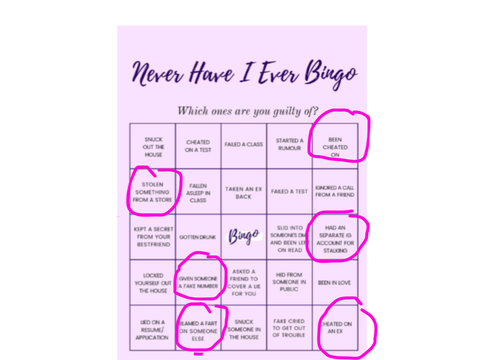 Never have I ever bingo @soflex