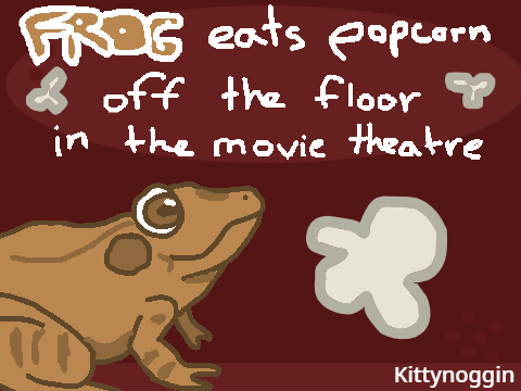 Frog eats popcorn off the floor in the movie theatre