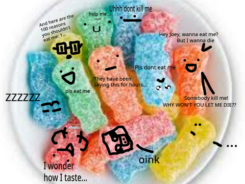 Draw a face on the Sour Patch Kid.