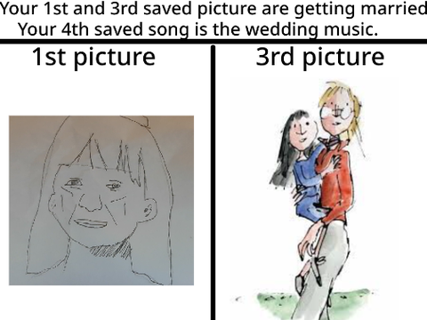 Your 1st and 3rd picture are getting married, and your 4th saved song is the wedding music. remix