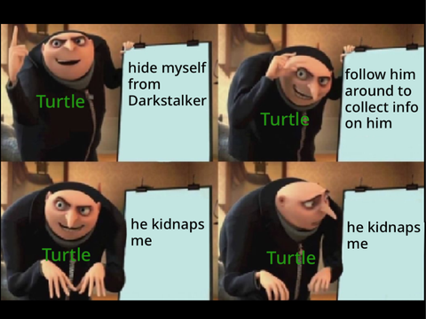 Turtle x Gru crossover meme