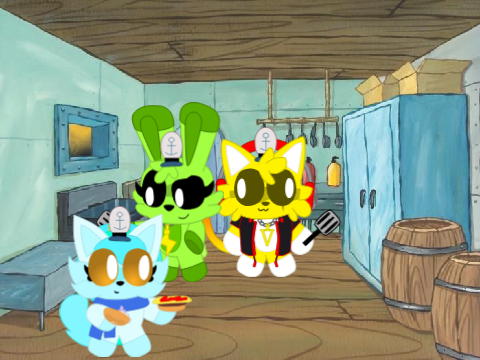 Valtry and Lullaby at the Krusty Krab Me ready for first day at work