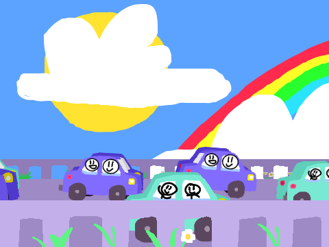 stick figures in some happy cars on a road 