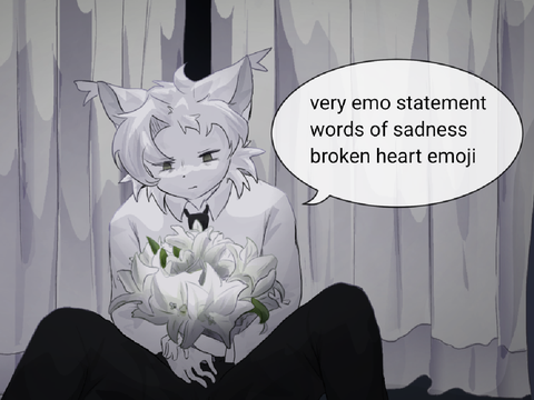 Depressed man sits in front of curtains with a bouquet of lilies aka fanart