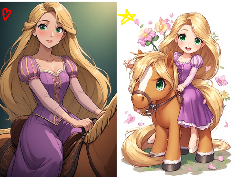 princess Rapunzel rideing a poney witch one?