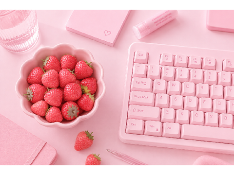 Keyboard and assorted fruits