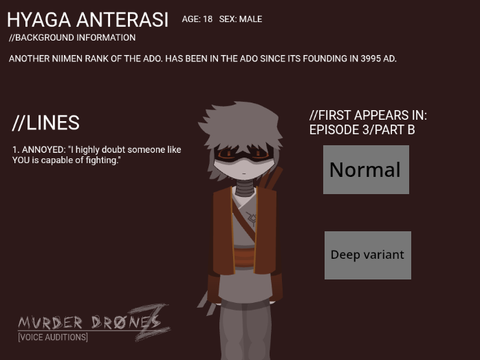 MURDER DRONES Z//VOICE AUDITION: HYAGA ANTERASI