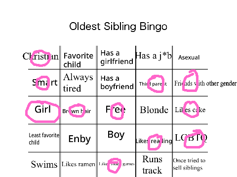 Oldest Child Bingo 1
