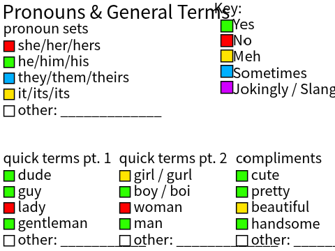 Terms & Pronouns Sheet