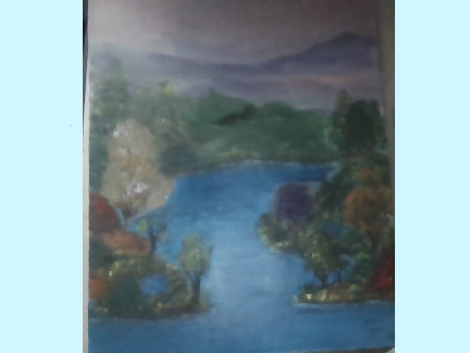 Painting of Distant mountains and trees and water