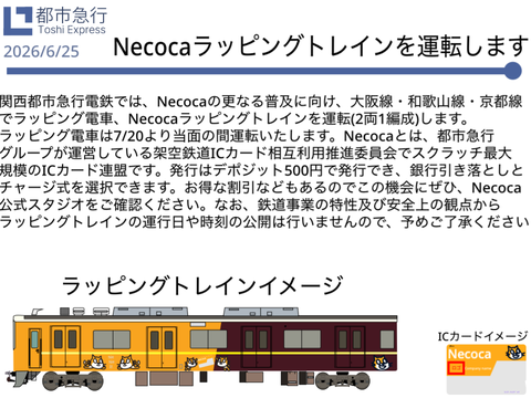 Necoca(架空鉄道ICカード相互利用推進委員会)のラッピングトレイン「Necocaラッピングトレイン」を運行します！　都市急行グループ・関西都市急行電鉄