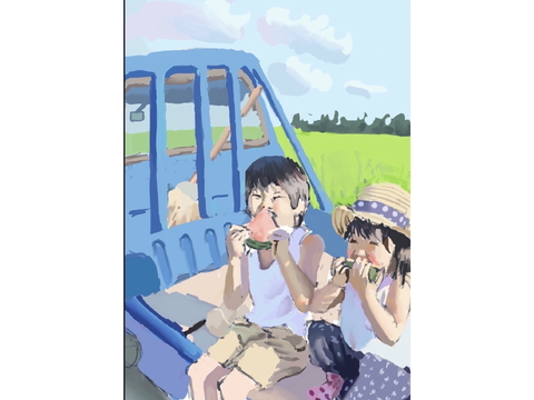 Art of kids eating watermelon