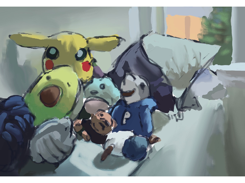 Plushies on a bed still life