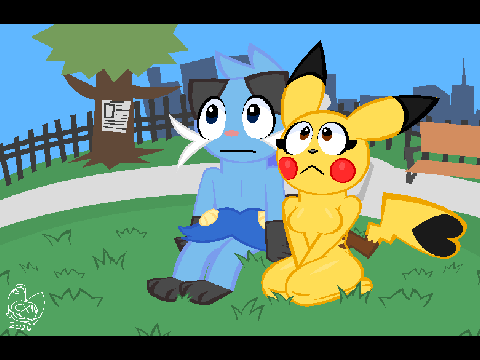 Dewatson and Pikachi sitting on the grass on a open park