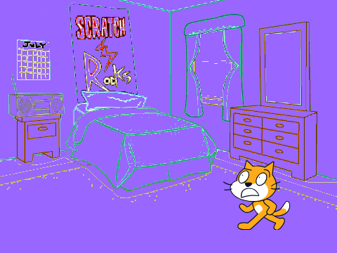 Scratch cat's room was covered with purple paint