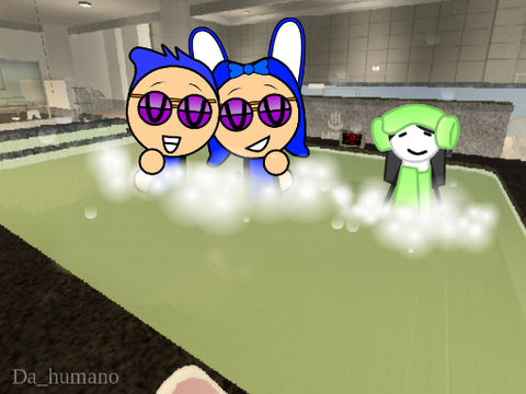 Wolfie and blue girl just chilling in the hot springs