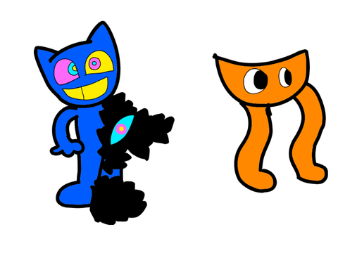 a drawing of blue, lelioy, reddy, and owenge's full bodies in one of my art styles