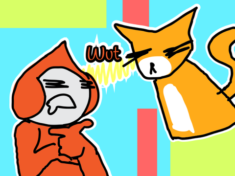 Scratch cat trying to explain to pico how to eat pizza