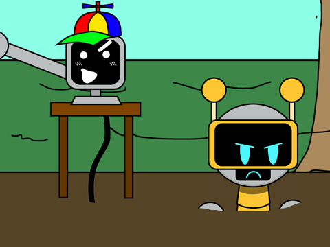 Funbot and mr fun computer in the quicksand
