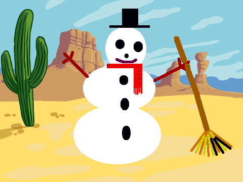 Snowman Bob in the desert.