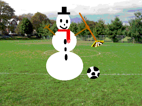 Snowman Bob plays soccer.