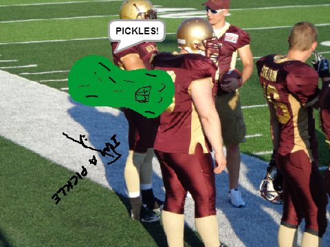 I LOVE PICKLES and a football player.
