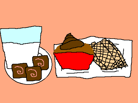 One chocolate cupcake, 4 Vannila wafers, chocolates and milk!