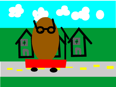 Duder (potato) on a scooter trying to catch an intruder