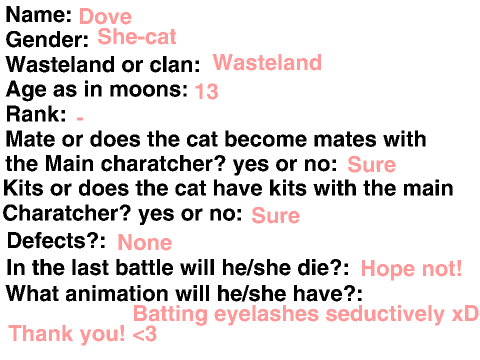 Make a cat for my next game! (OPEN) ~Dove, Sparrow, Honey, Yarrow