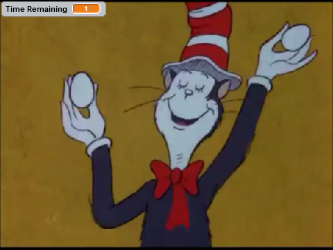 The cat in the hat says eggs for 1 second
