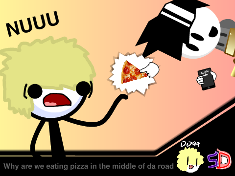 Why are we eating pizza on a road?