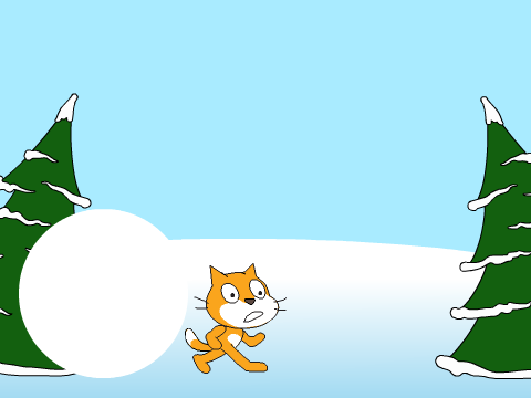 A kitten being chased by a snowball