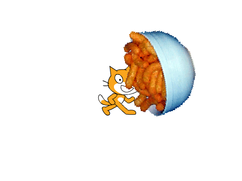 Cat eats cheesy puffs