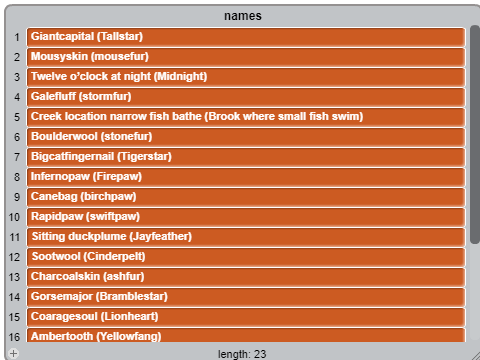 WARRIOR CAT NAMES