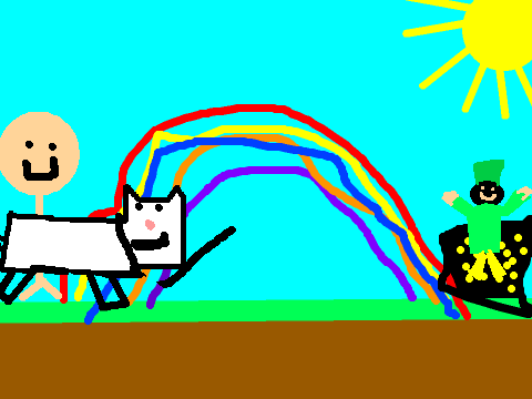 a person that walking in the rainbow out with his cat and he found gold!