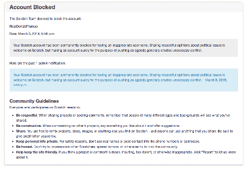 Scratch Account RealDonaldTrumpp Blocked by Scratch Team